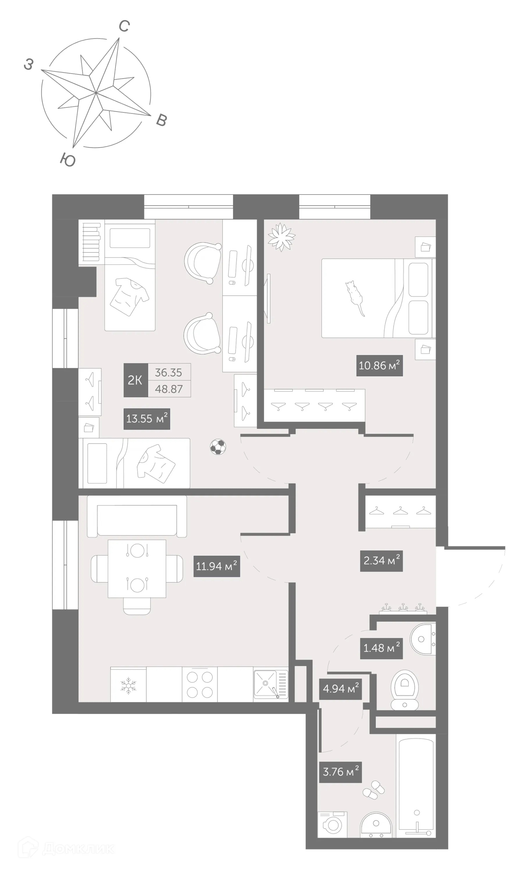 Планировка 2-комнатной квартиры 48.87 м² в ЖК Zoom Черная Речка, г. Санкт-Петербург — фото 2