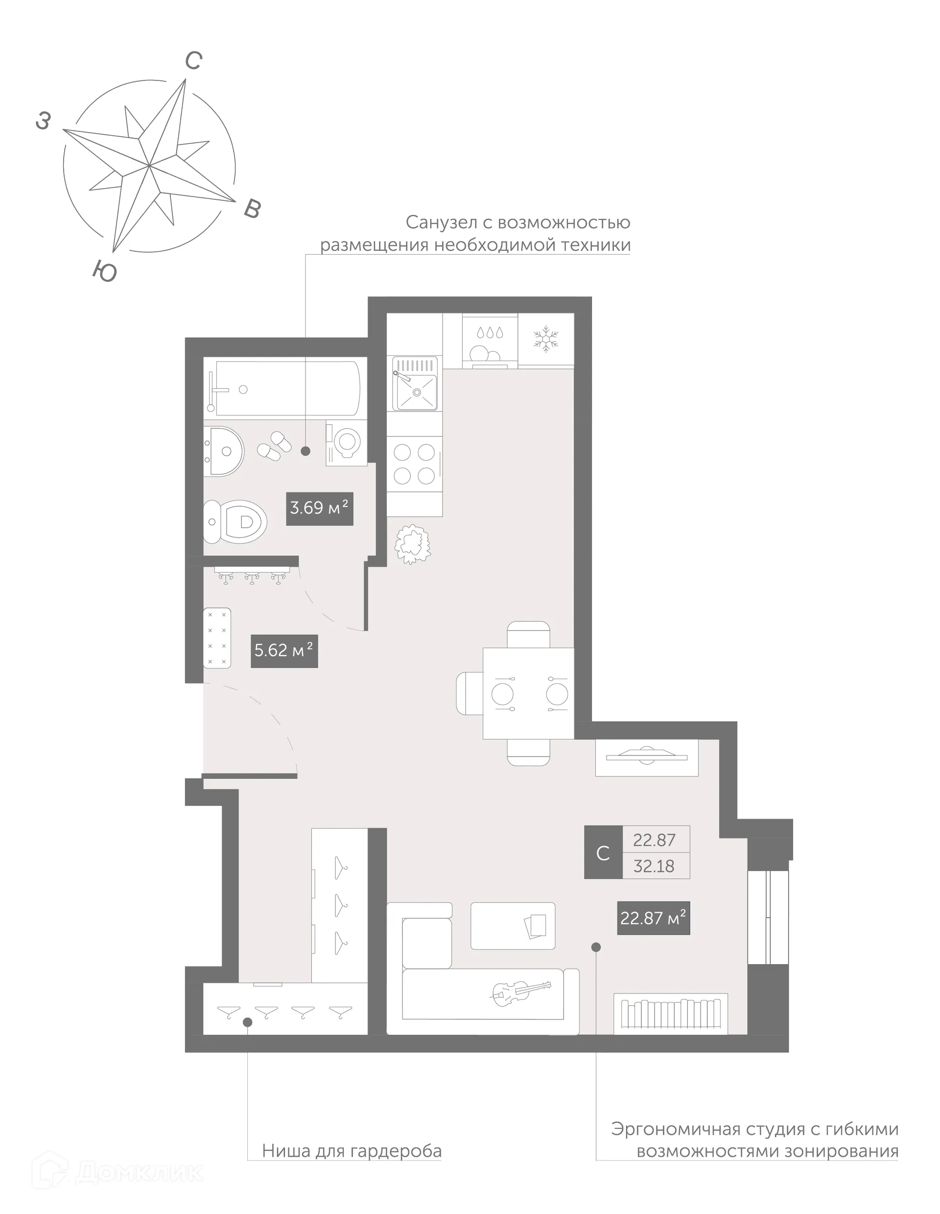 Планировка студии квартиры 32.18 м² в ЖК Zoom Черная Речка, г. Санкт-Петербург — фото 2