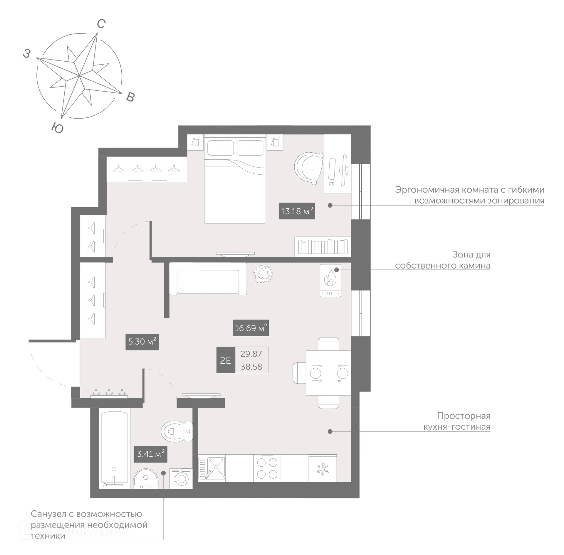 Планировка 1-комнатной квартиры 38.58 м² в ЖК Zoom Черная Речка, г. Санкт-Петербург — фото 2