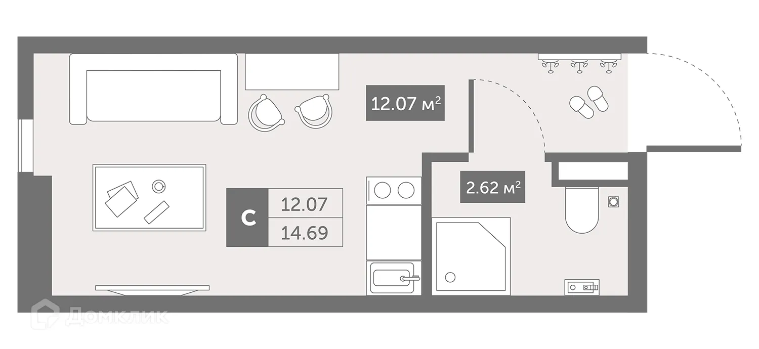 Планировка студии квартиры 14.69 м² в ЖК Zoom Черная Речка, г. Санкт-Петербург — фото 1