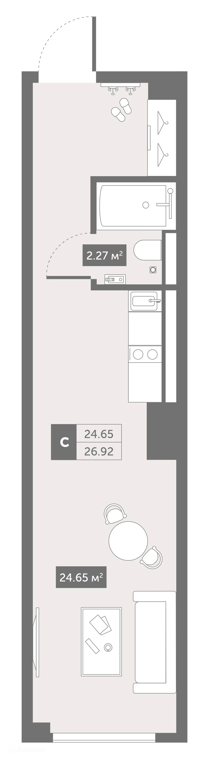 Планировка студии квартиры 26.92 м² в ЖК Zoom Черная Речка, г. Санкт-Петербург — фото 1