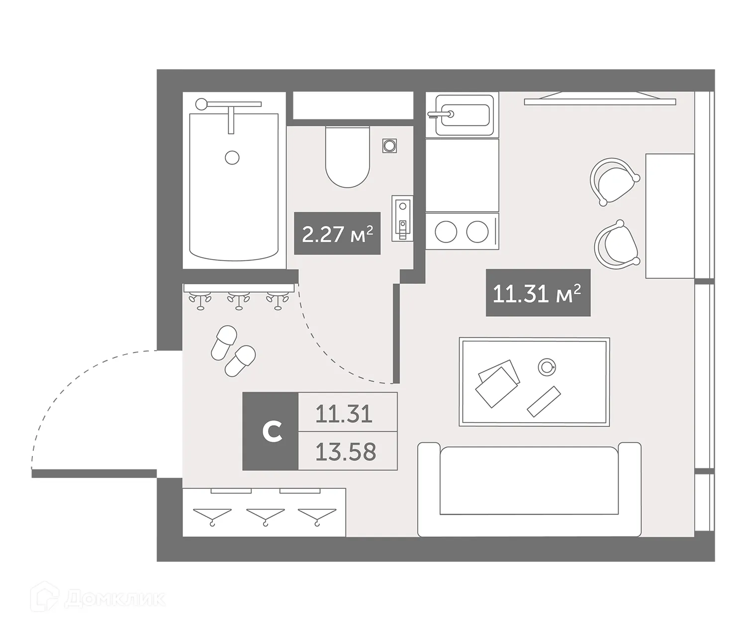 Планировка студии квартиры 19.9 м² в ЖК Zoom Черная Речка, г. Санкт-Петербург — фото 1