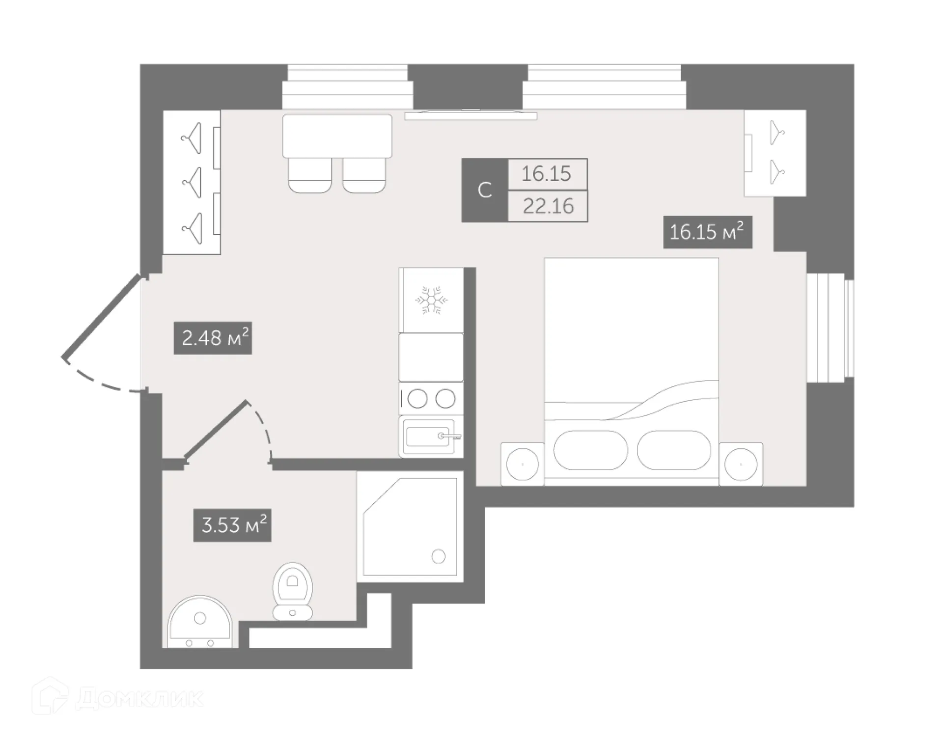Планировка студии квартиры 22.16 м² в ЖК Zoom Черная Речка, г. Санкт-Петербург — фото 1