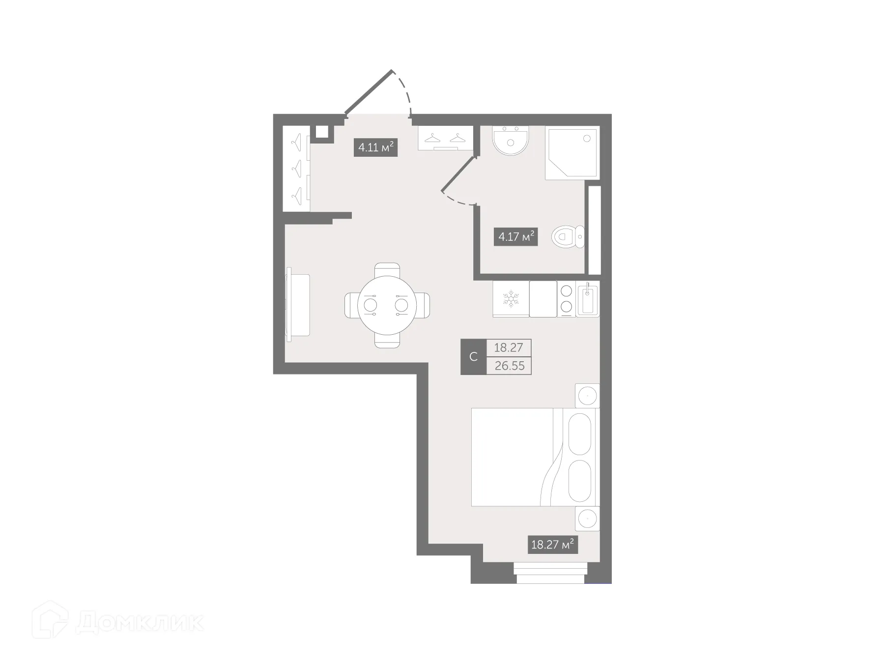 Планировка студии квартиры 26.55 м² в ЖК Zoom Черная Речка, г. Санкт-Петербург — фото 2