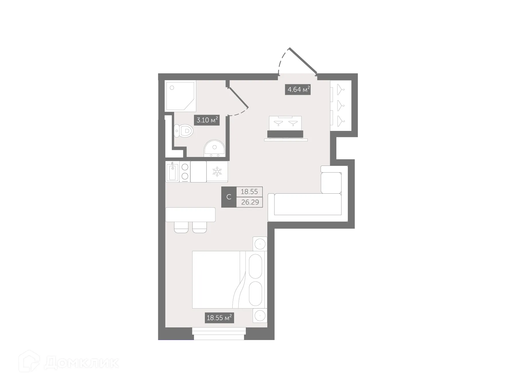 Планировка студии квартиры 26.29 м² в ЖК Zoom Черная Речка, г. Санкт-Петербург — фото 2