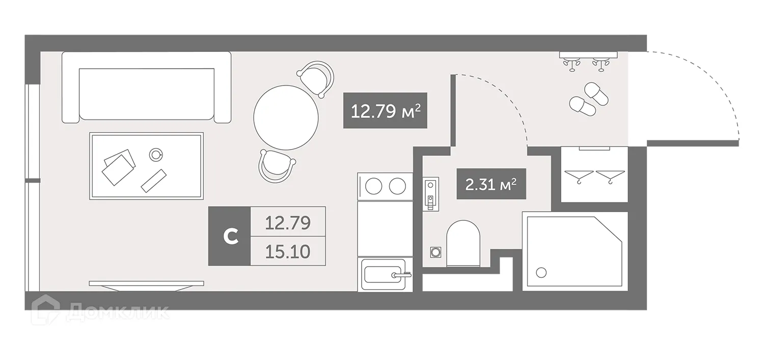 Планировка студии квартиры 15.1 м² в ЖК Zoom Черная Речка, г. Санкт-Петербург — фото 1