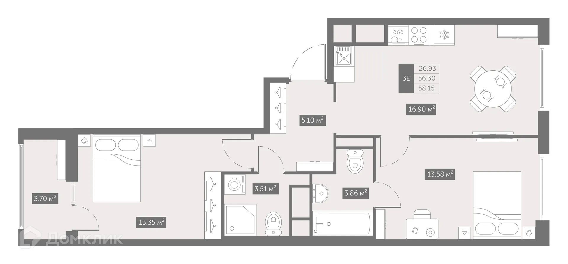 Планировка 2-комнатной квартиры 57.5 м² в ЖК UP-квартал Новый Московский, г. Санкт-Петербург — фото 1