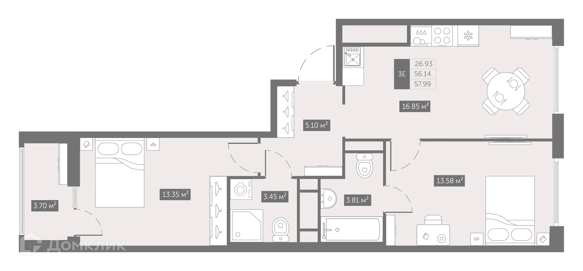 Планировка 2-комнатной квартиры 57.6 м² в ЖК UP-квартал Новый Московский, г. Санкт-Петербург — фото 2