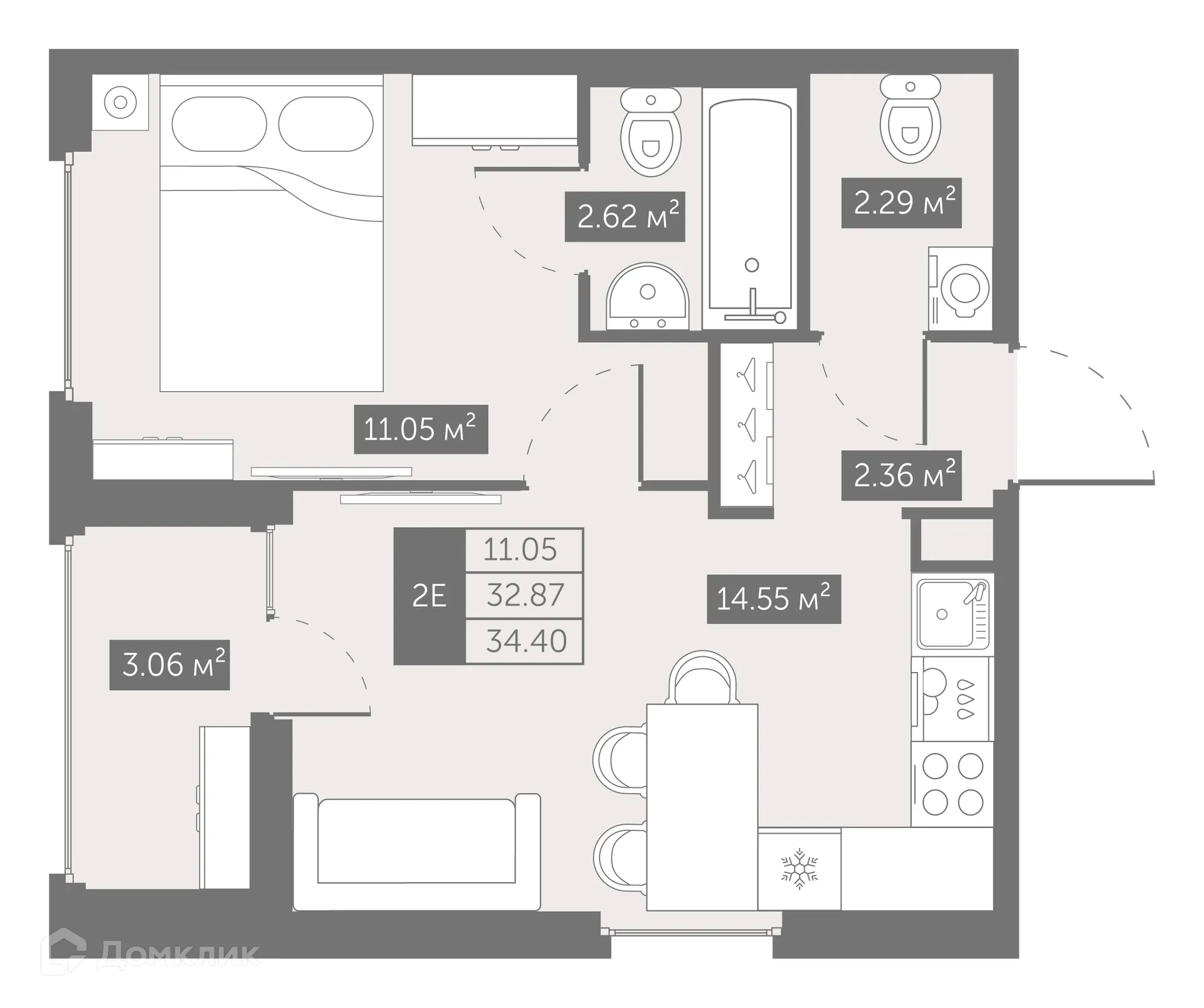 Планировка 1-комнатной квартиры 34.24 м² в ЖК UP-квартал Новый Московский, г. Санкт-Петербург — фото 1