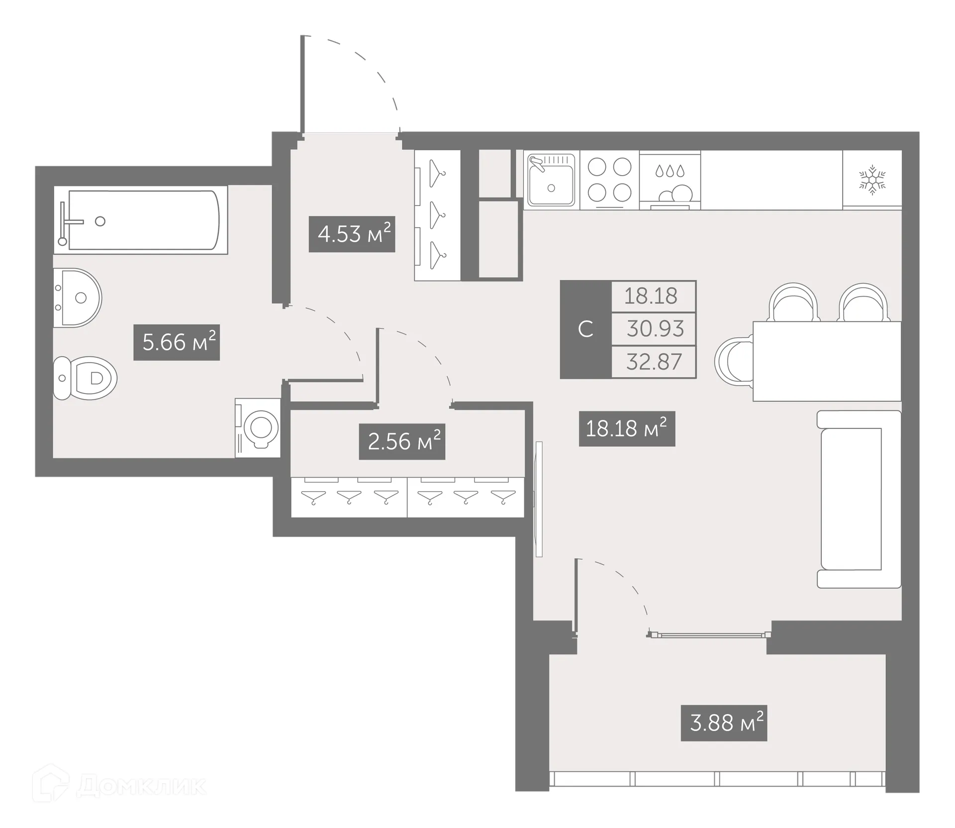 Планировка студии квартиры 33.01 м² в ЖК UP-квартал Новый Московский, г. Санкт-Петербург — фото 1
