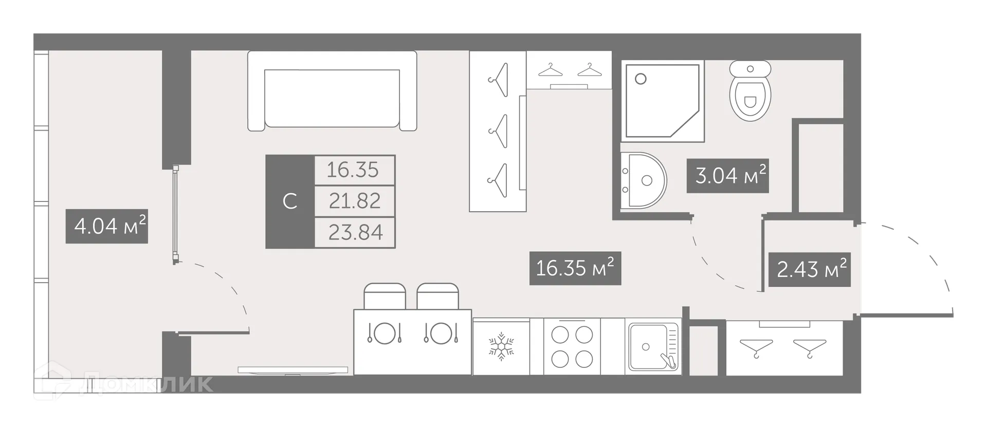 Планировка студии квартиры 24.24 м² в ЖК UP-квартал Новый Московский, г. Санкт-Петербург — фото 1
