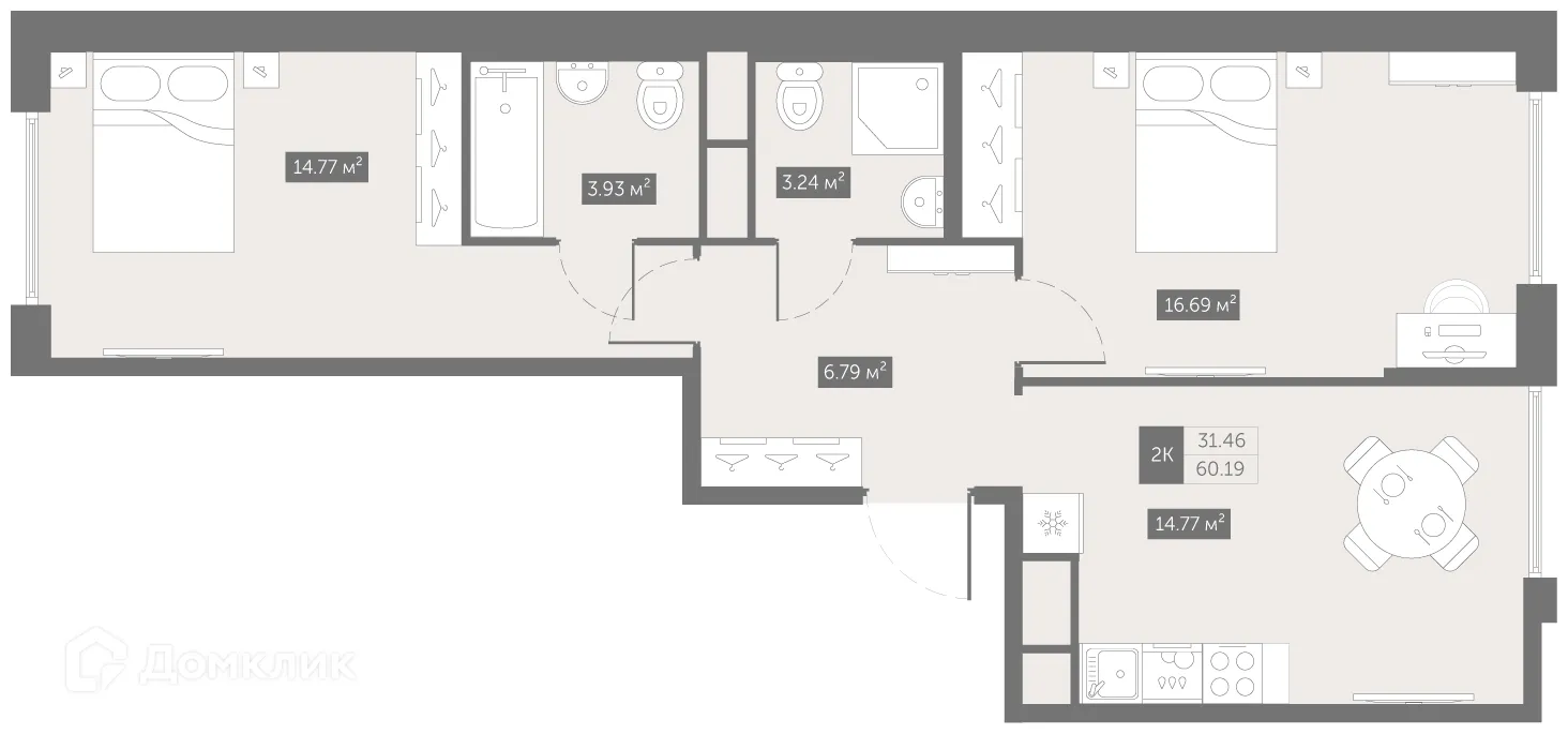 Планировка 2-комнатной квартиры 59.8 м² в ЖК UP-квартал Новый Московский, г. Санкт-Петербург — фото 1
