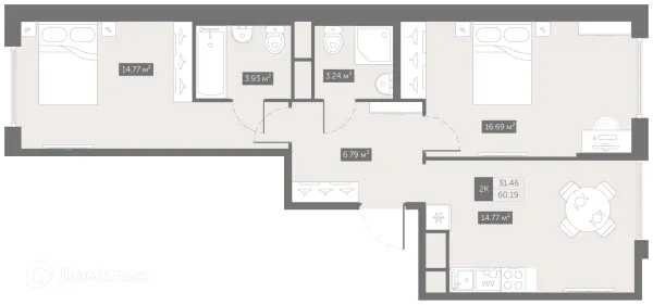 Планировка 2 комн. в ЖК UP-квартал Новый Московский