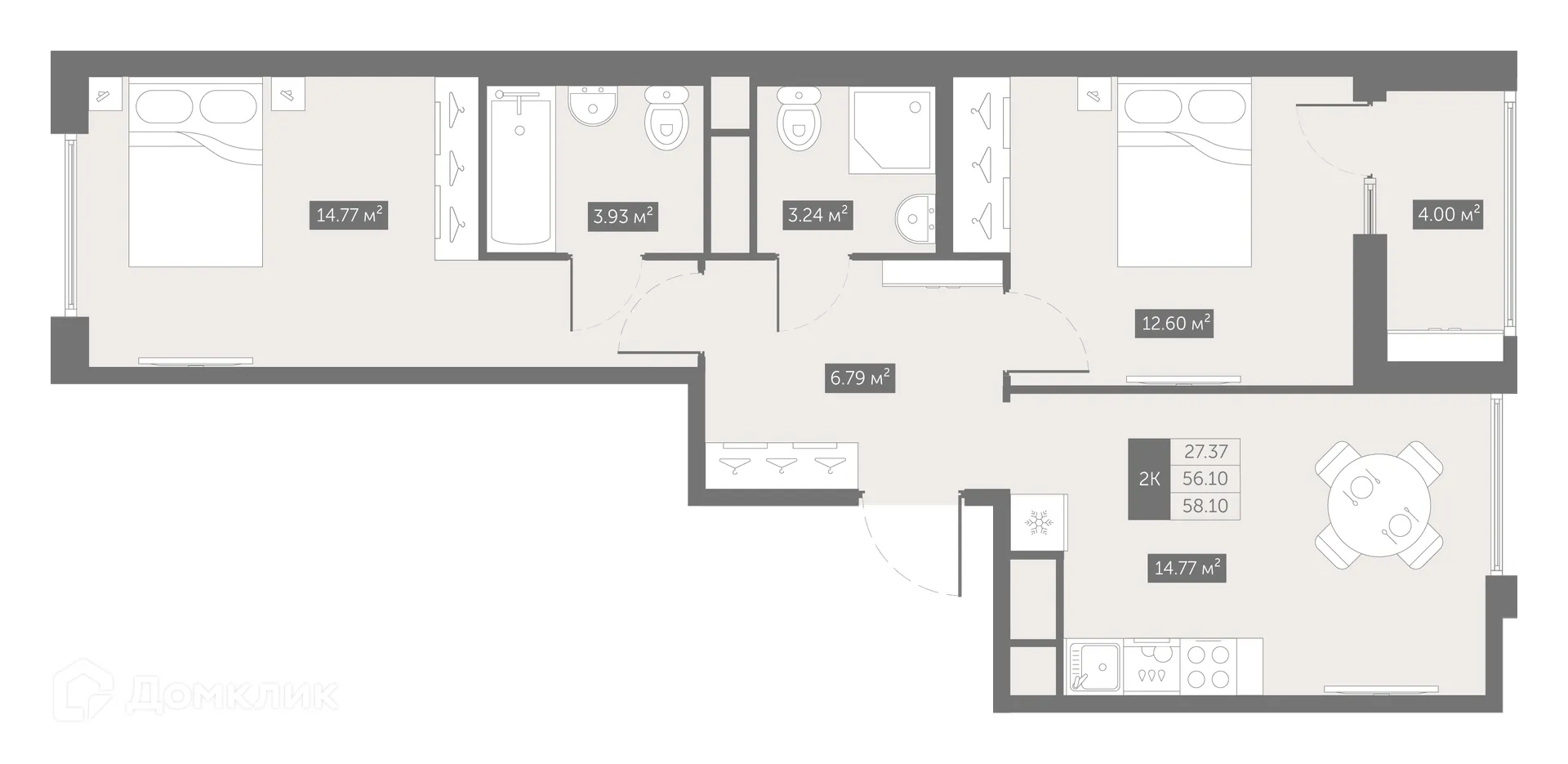 Планировка 2-комнатной квартиры 57.7 м² в ЖК UP-квартал Новый Московский, г. Санкт-Петербург — фото 1