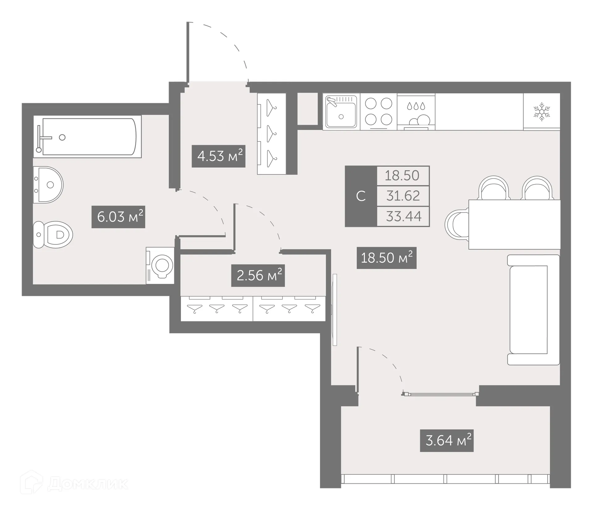 Планировка студии квартиры 33.58 м² в ЖК UP-квартал Новый Московский, г. Санкт-Петербург — фото 1