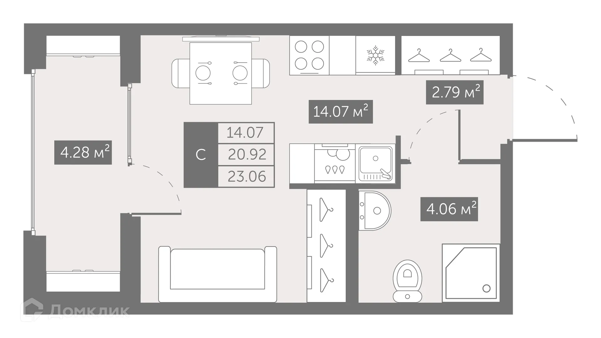 Планировка студии квартиры 23.06 м² в ЖК UP-квартал Новый Московский, г. Санкт-Петербург — фото 1