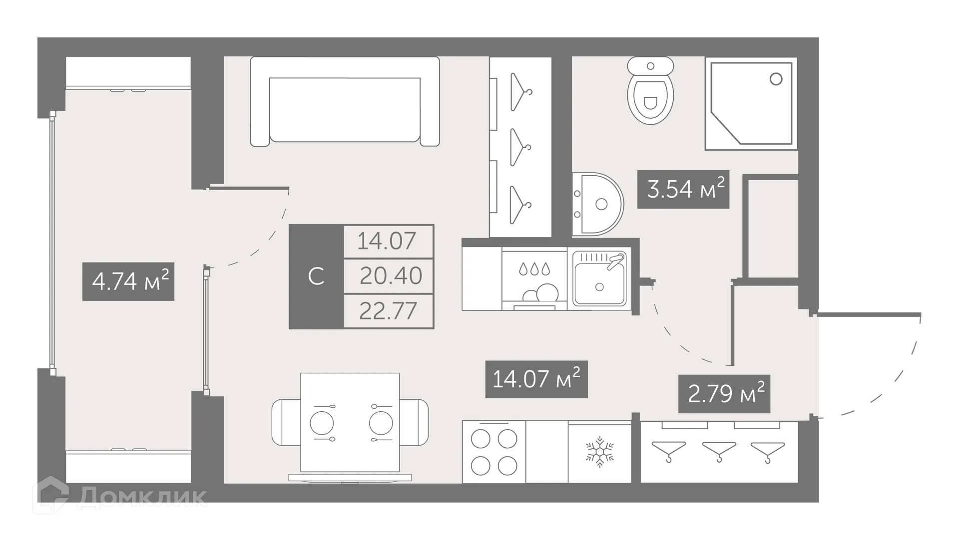 Планировка студии квартиры 22.77 м² в ЖК UP-квартал Новый Московский, г. Санкт-Петербург — фото 1