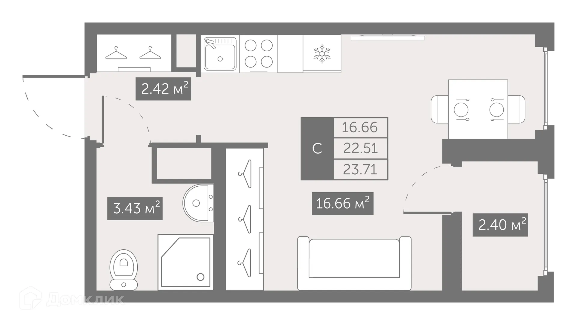 Планировка студии квартиры 23.56 м² в ЖК UP-квартал Новый Московский, г. Санкт-Петербург — фото 1