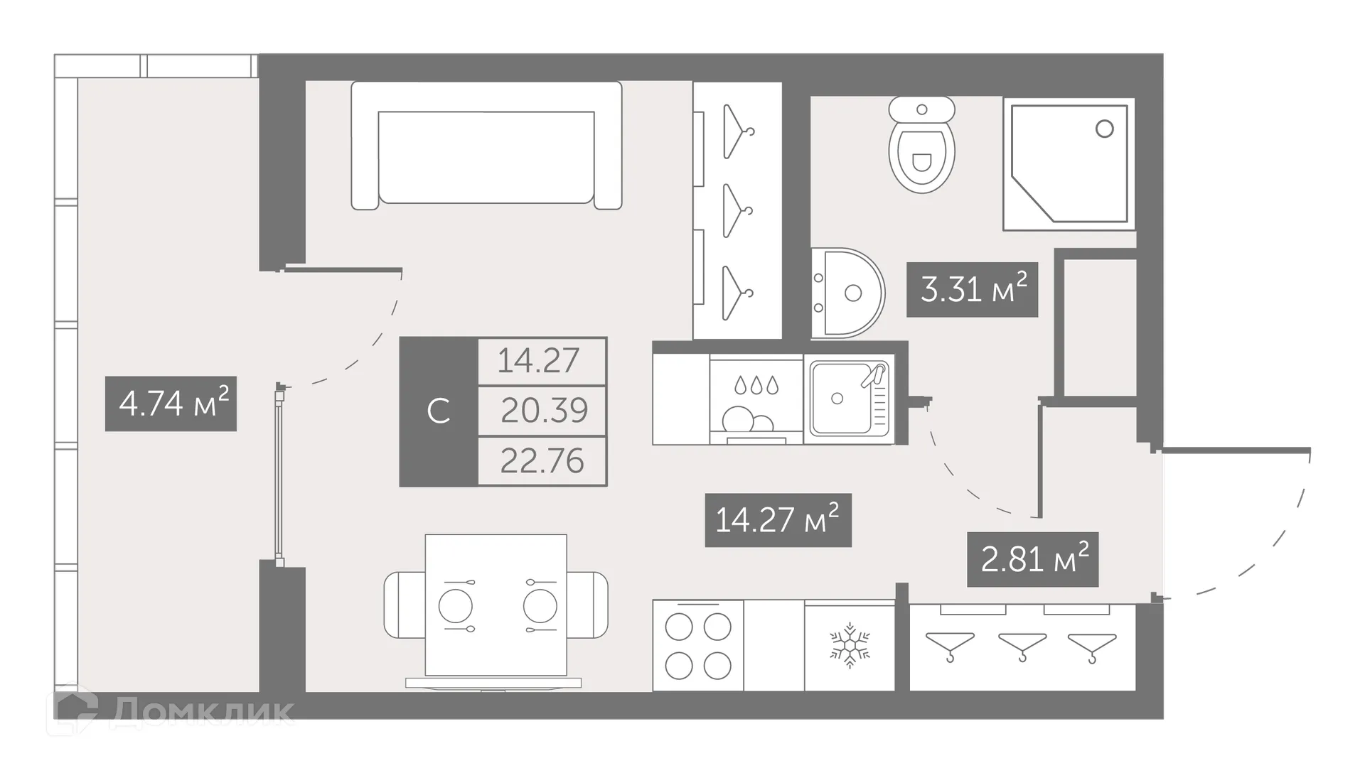 Планировка студии квартиры 22.78 м² в ЖК UP-квартал Новый Московский, г. Санкт-Петербург — фото 1