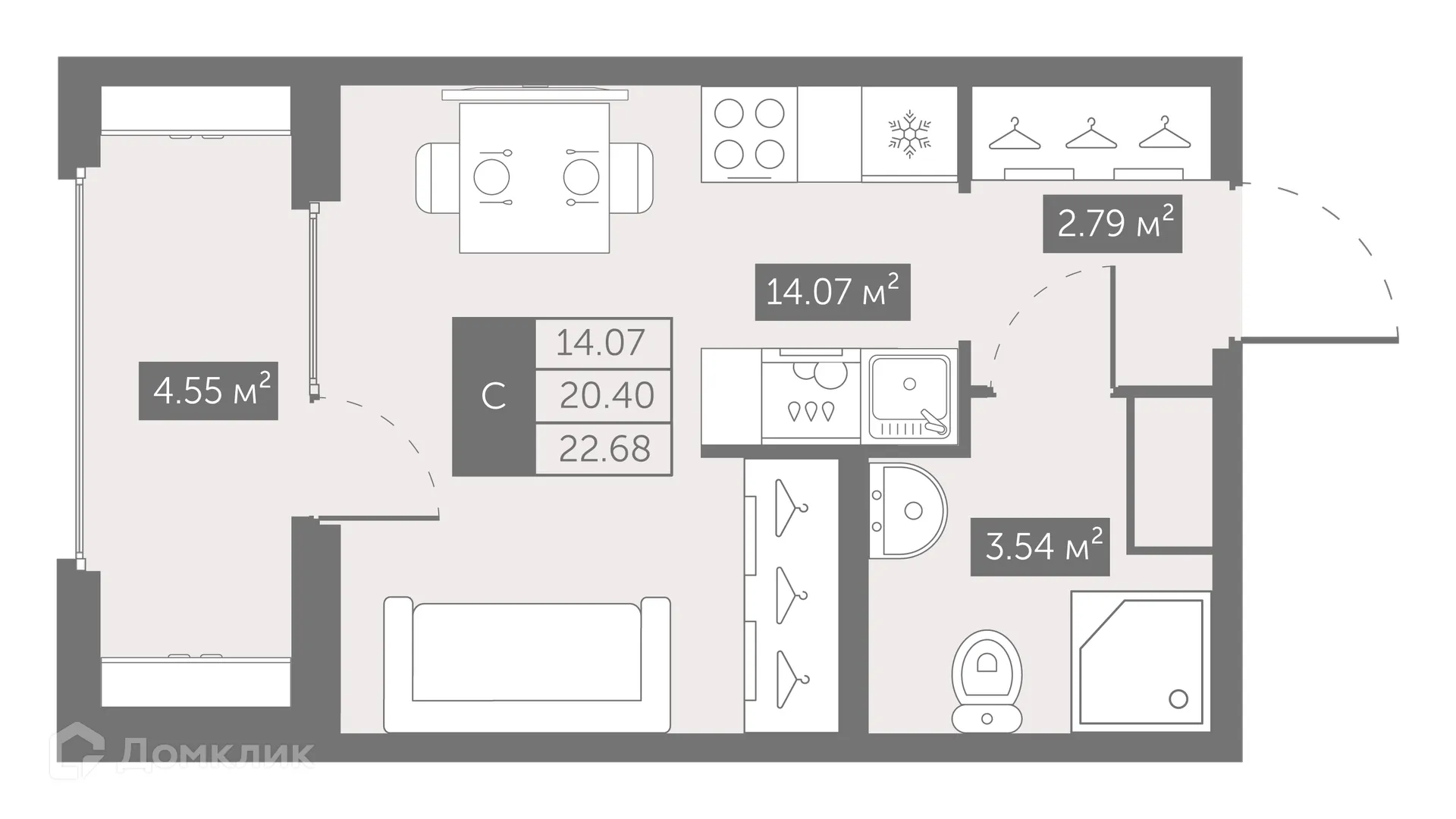 Планировка студии квартиры 22.68 м² в ЖК UP-квартал Новый Московский, г. Санкт-Петербург — фото 1