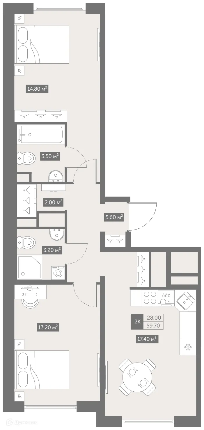 Планировка 2-комнатной квартиры 59.7 м² в ЖК UP-квартал Новый Московский, г. Санкт-Петербург — фото 1