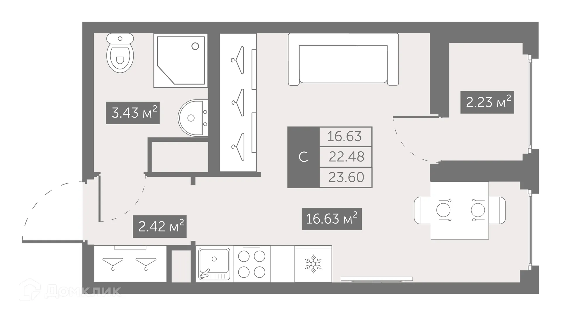 Планировка студии квартиры 23.66 м² в ЖК UP-квартал Новый Московский, г. Санкт-Петербург — фото 1