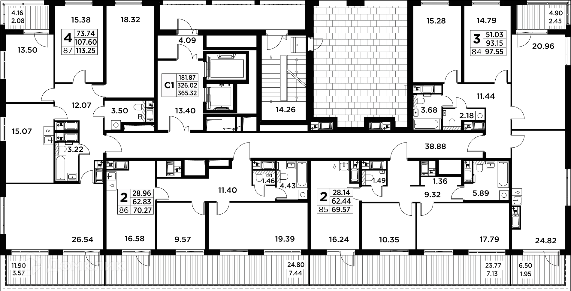 Планировка 3-комнатной квартиры 98.6 м² в ЖК GloraX Заневский, г. Санкт-Петербург — фото 2