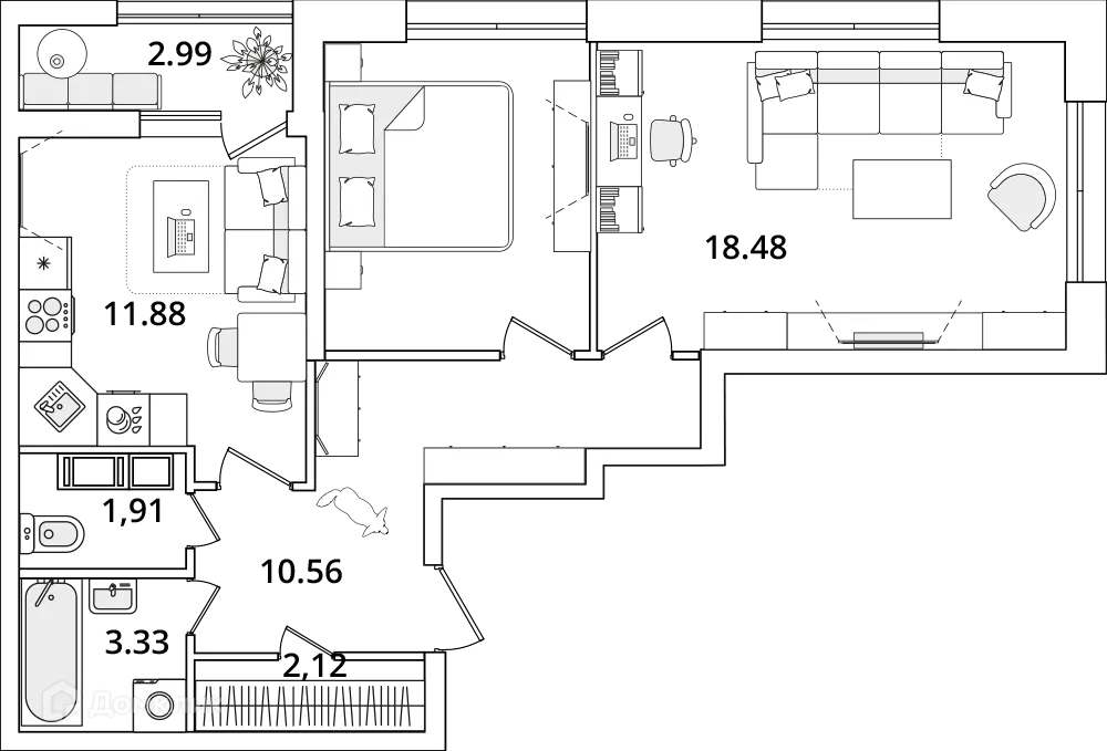 Планировка 2-комнатной квартиры 60.4 м² в ЖК БелАрт, г. Санкт-Петербург — фото 1
