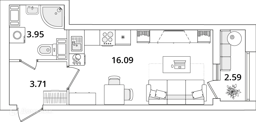 Планировка студии квартиры 25.2 м² в ЖК БелАрт, г. Санкт-Петербург — фото 1
