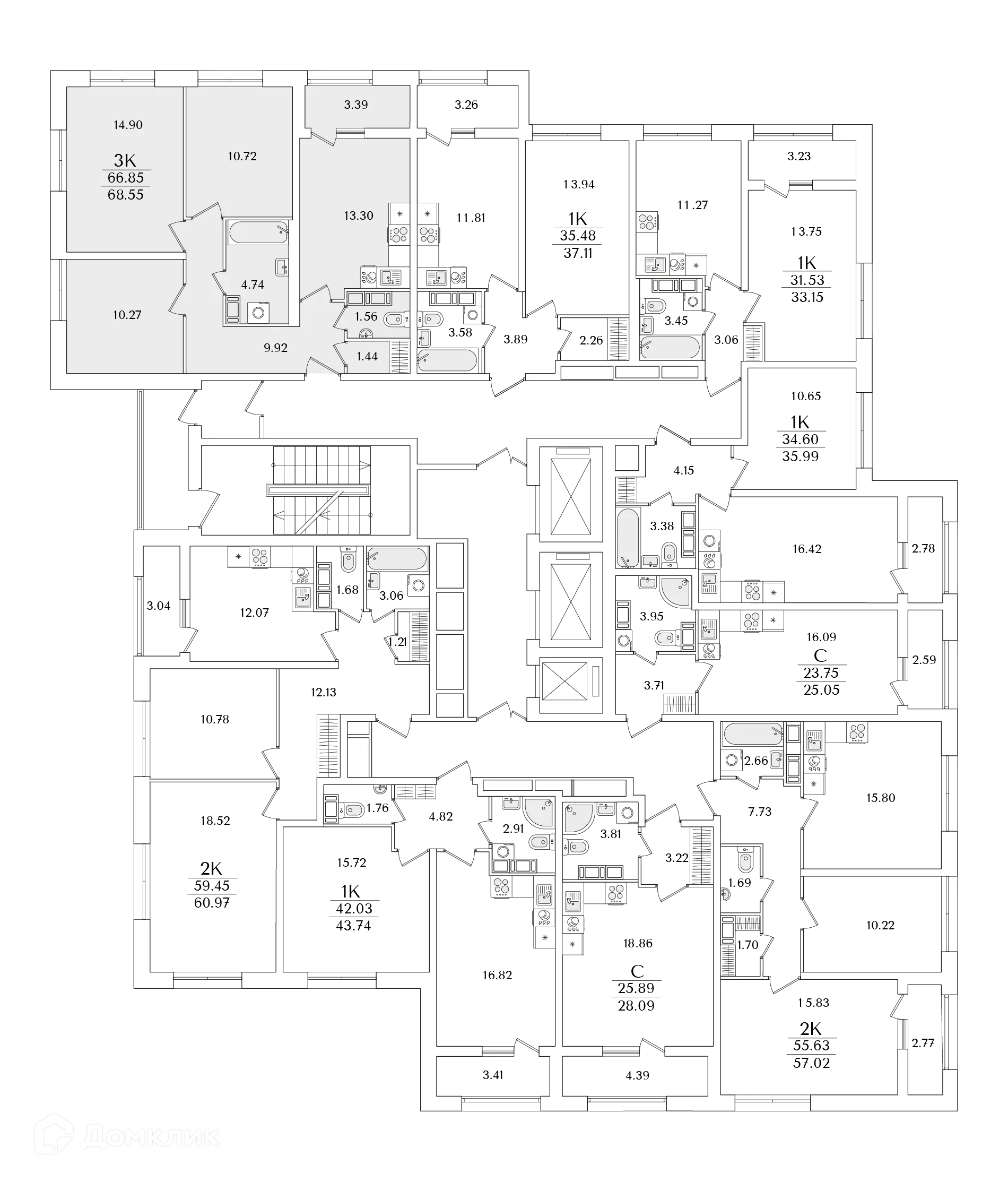 Планировка 3-комнатной квартиры 68.4 м² в ЖК БелАрт, г. Санкт-Петербург — фото 2