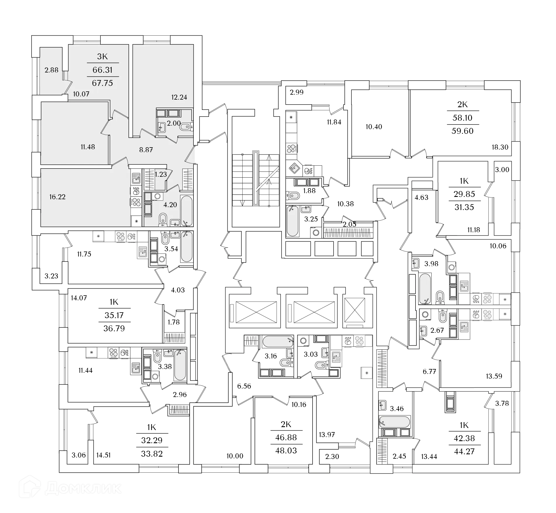 Планировка 3-комнатной квартиры 67.4 м² в ЖК БелАрт, г. Санкт-Петербург — фото 2