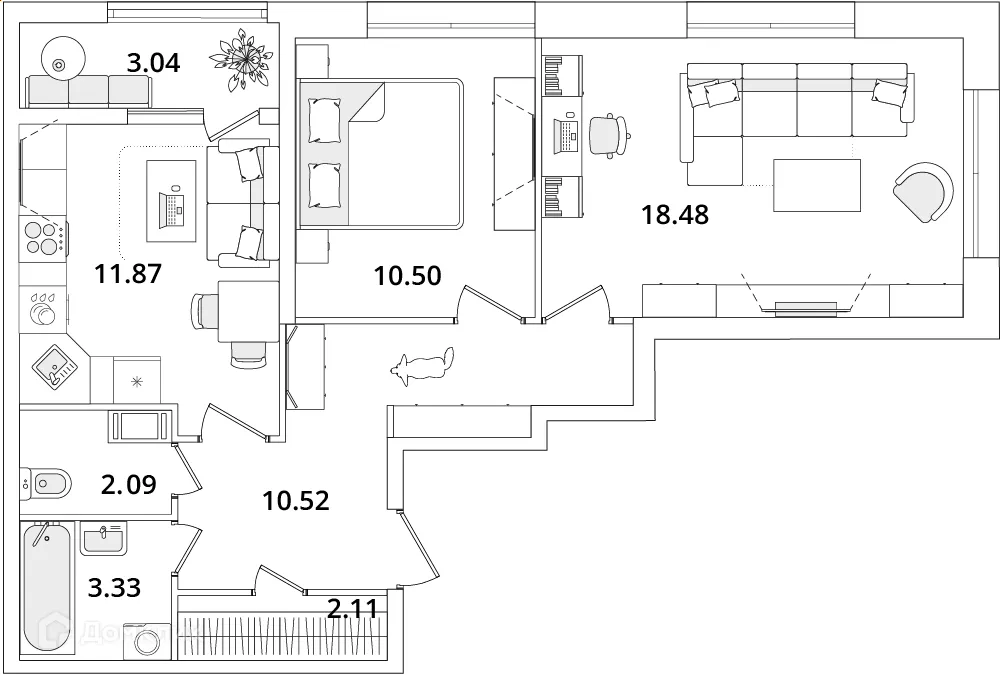 Планировка 2-комнатной квартиры 60.5 м² в ЖК БелАрт, г. Санкт-Петербург — фото 1
