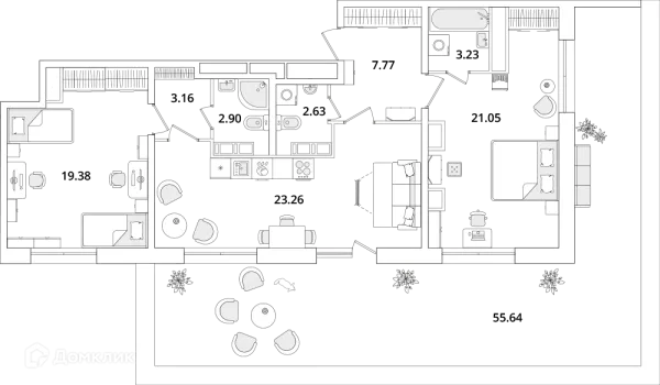 Планировка 2 комн. в ЖК БелАрт