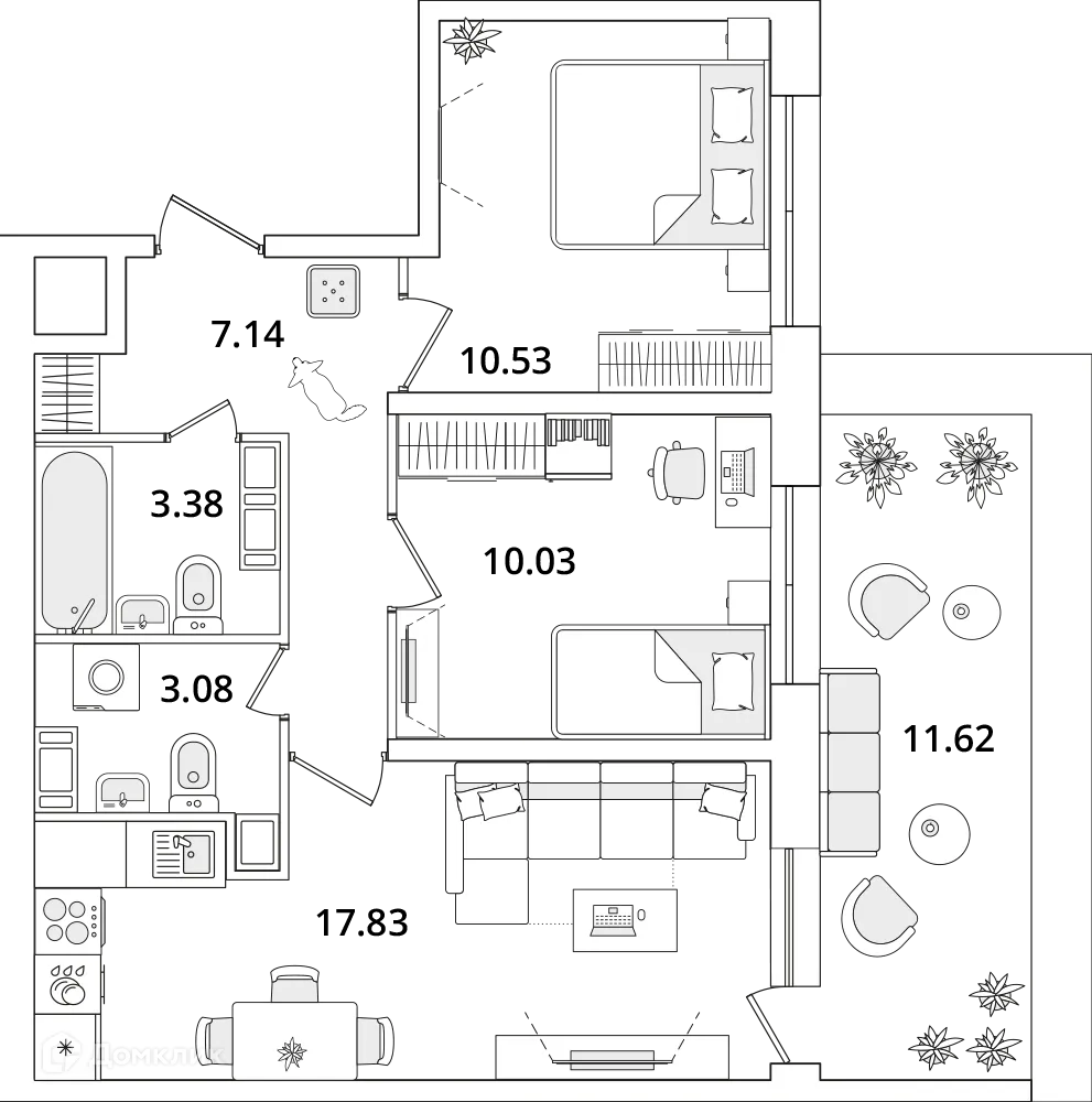 Планировка 2-комнатной квартиры 55.4 м² в ЖК БелАрт, г. Санкт-Петербург — фото 1