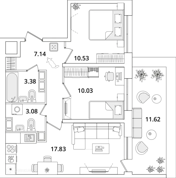 Планировка 2 комн. в ЖК БелАрт