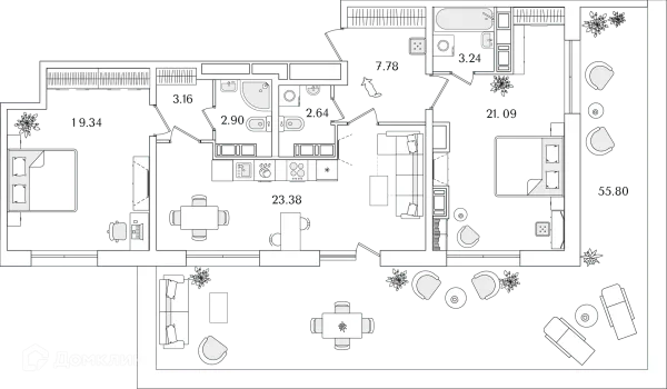 Планировка 2 комн. в ЖК БелАрт