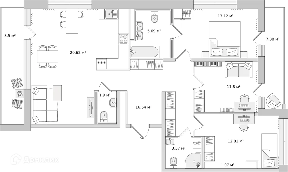 Планировка 3-комнатной квартиры 96.3 м² в ЖК "ЦДС Dreamline (Дримлайн)", г. Санкт-Петербург — фото 2