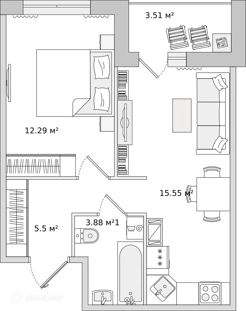 Планировка 1-комнатной квартиры 40.73 м² в ЖК "ЦДС Dreamline (Дримлайн)", г. Санкт-Петербург — фото 1