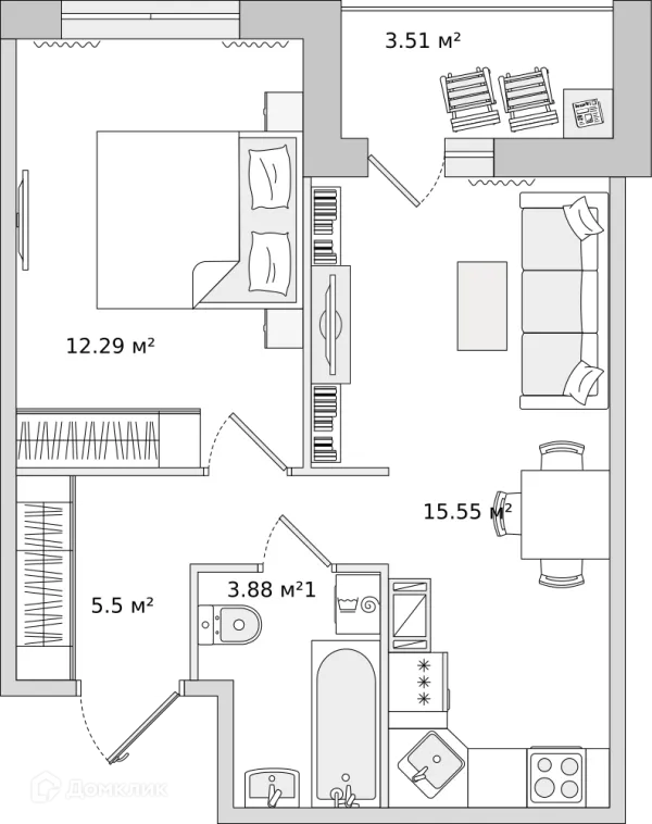 Планировка 1 комн. в ЖК "ЦДС Dreamline (Дримлайн)"