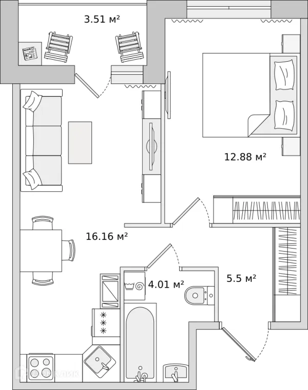 Планировка 1 комн. в ЖК "ЦДС Dreamline (Дримлайн)"