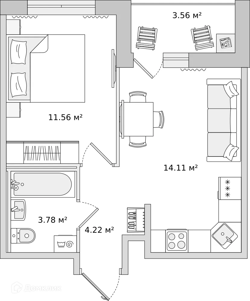 Планировка 1-комнатной квартиры 39.79 м² в ЖК "ЦДС Dreamline (Дримлайн)", г. Санкт-Петербург — фото 1