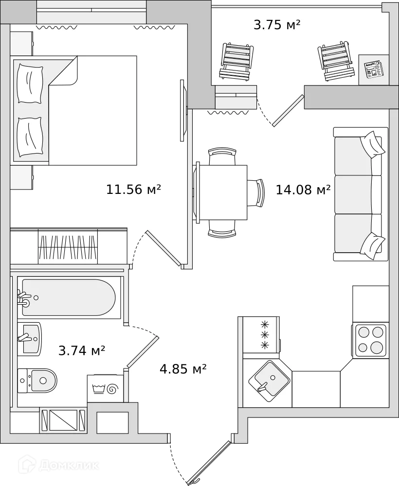 Планировка 1-комнатной квартиры 37.98 м² в ЖК "ЦДС Dreamline (Дримлайн)", г. Санкт-Петербург — фото 1