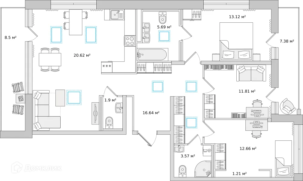 Планировка 3-комнатной квартиры 96.5 м² в ЖК "ЦДС Dreamline (Дримлайн)", г. Санкт-Петербург — фото 2
