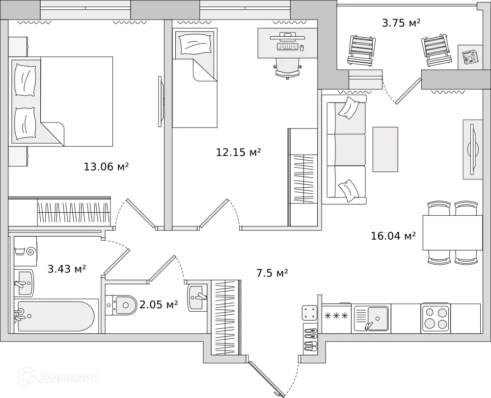Планировка 2-комнатной квартиры 54.8 м² в ЖК "ЦДС Dreamline (Дримлайн)", г. Санкт-Петербург — фото 1