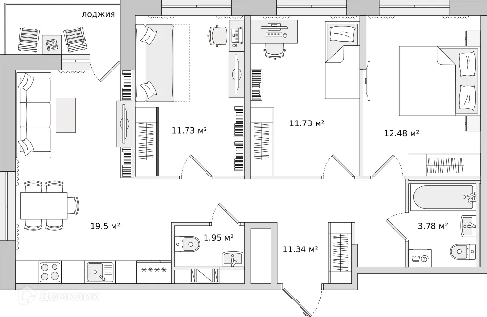 Планировка 3-комнатной квартиры 72 м² в ЖК "ЦДС Dreamline (Дримлайн)", г. Санкт-Петербург — фото 1