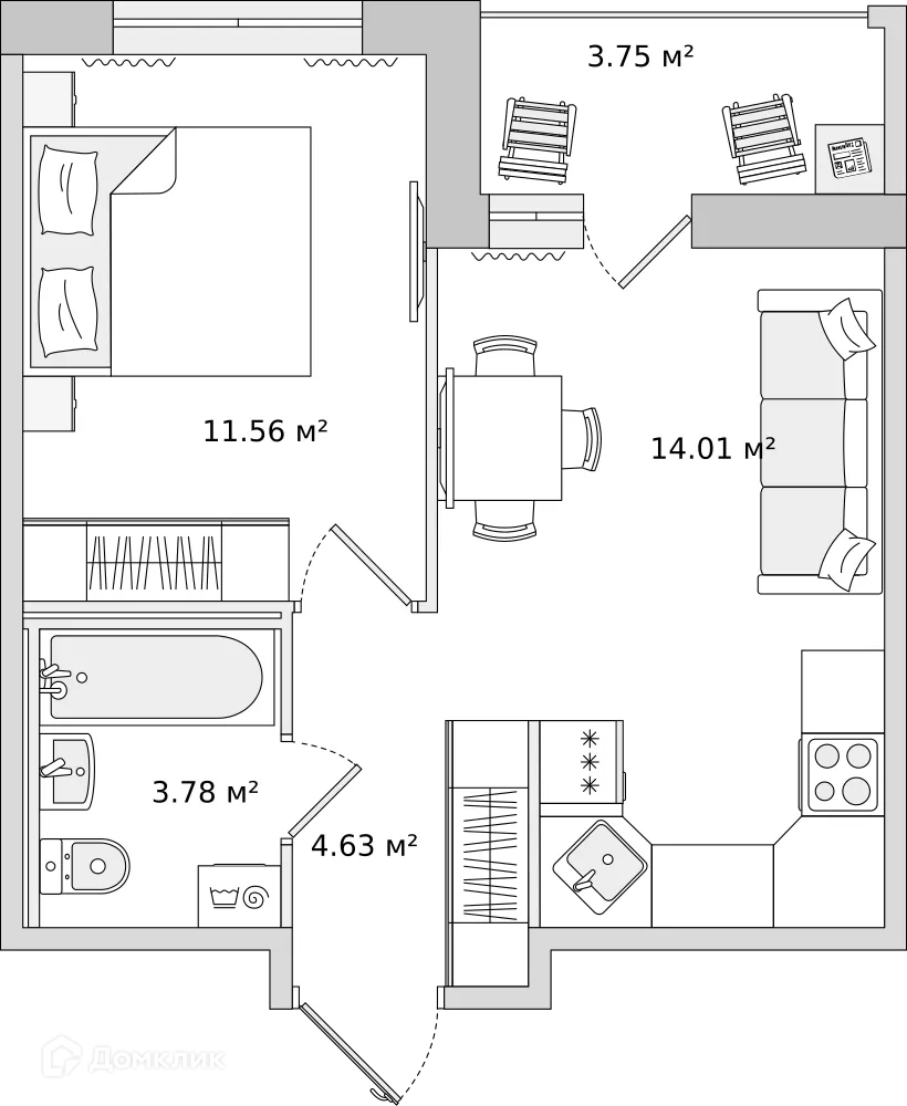 Планировка 1-комнатной квартиры 38.04 м² в ЖК "ЦДС Dreamline (Дримлайн)", г. Санкт-Петербург — фото 1