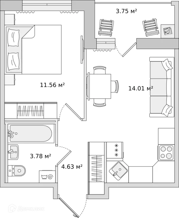 Планировка 1 комн. в ЖК "ЦДС Dreamline (Дримлайн)"