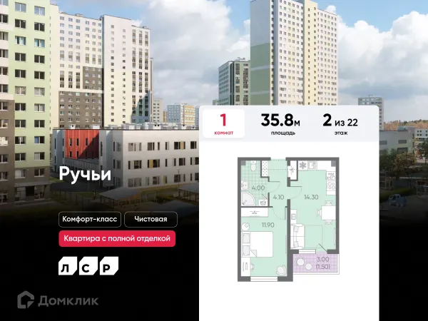 Планировка 1 комн. в ЖК Ручьи