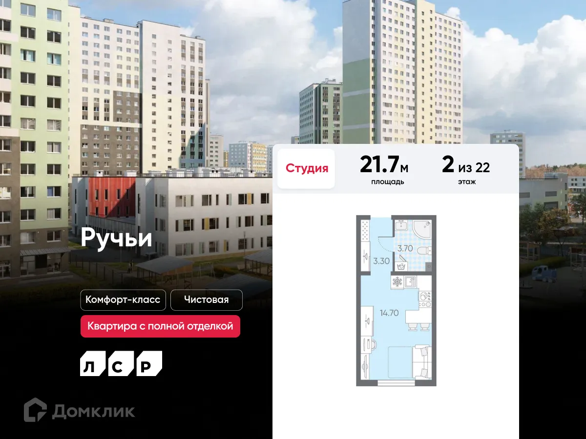 Планировка студии квартиры 21.7 м² в ЖК Ручьи, г. Санкт-Петербург — фото 1