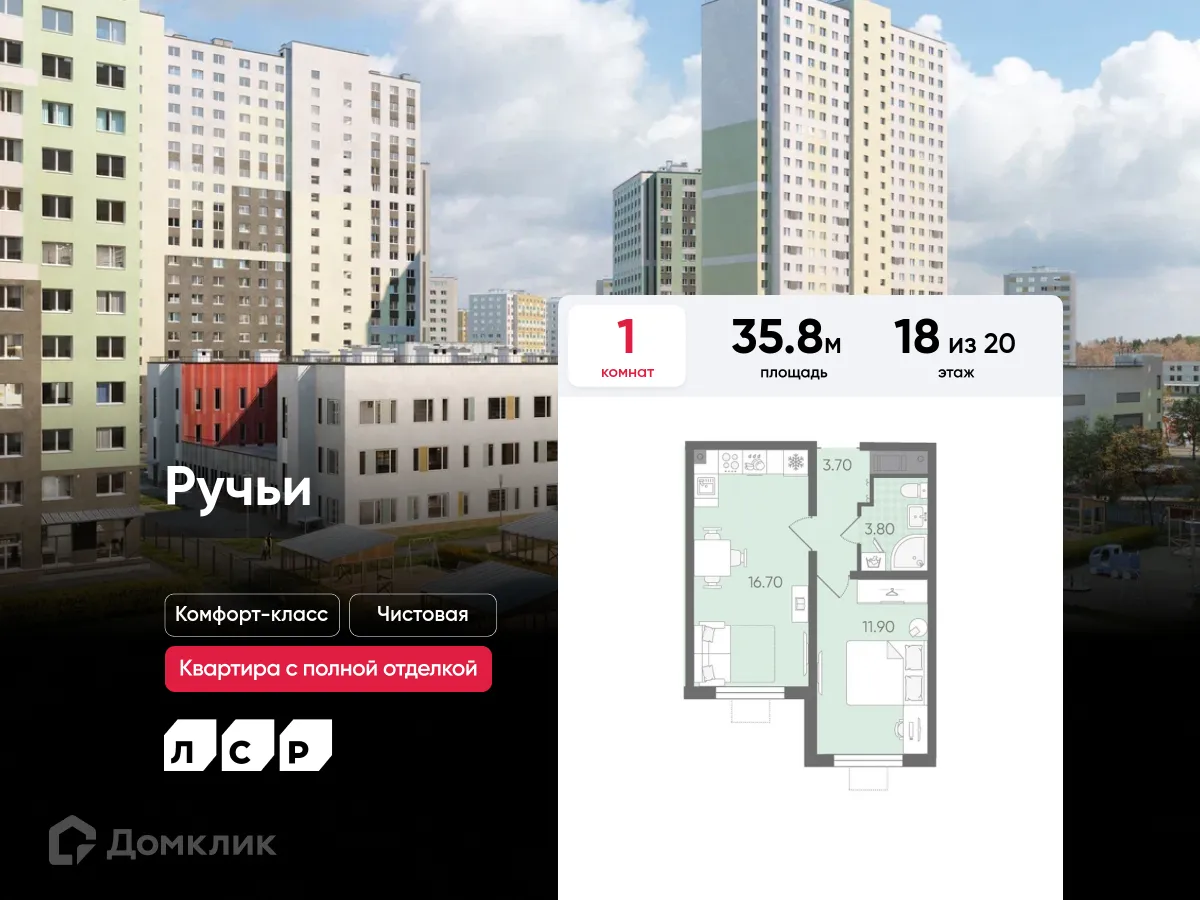 Планировка 1-комнатной квартиры 35.8 м² в ЖК Ручьи, г. Санкт-Петербург — фото 1